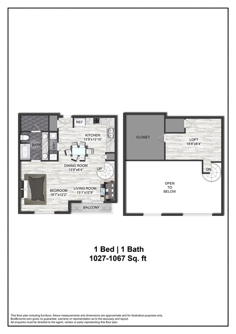 A floor plan of a one bedroom apartment.